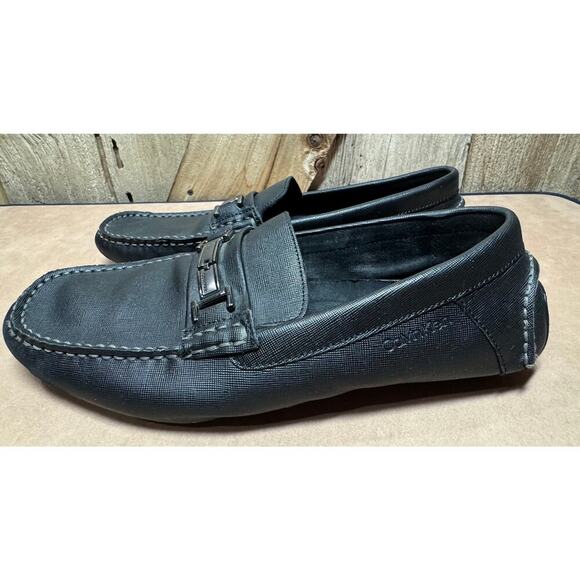 Calvin Klein Men's Sz 11.5 M Magnus Black Leather Emboss Slip On Loafers Flats - Picture 6 of 10